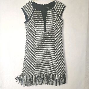NANETTE LEPORE Sz 10 Black & White Wool Sheath Lined Fringe Hem Cap Sleeve